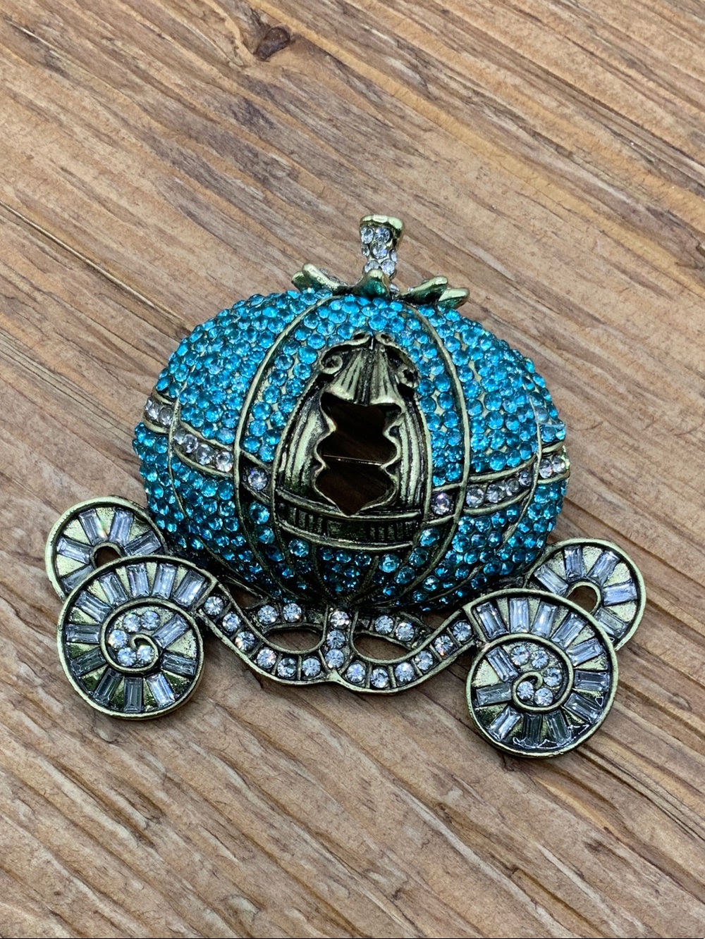 Pumpkin Cinderella Carriage Turquoise Jeweled Brooch